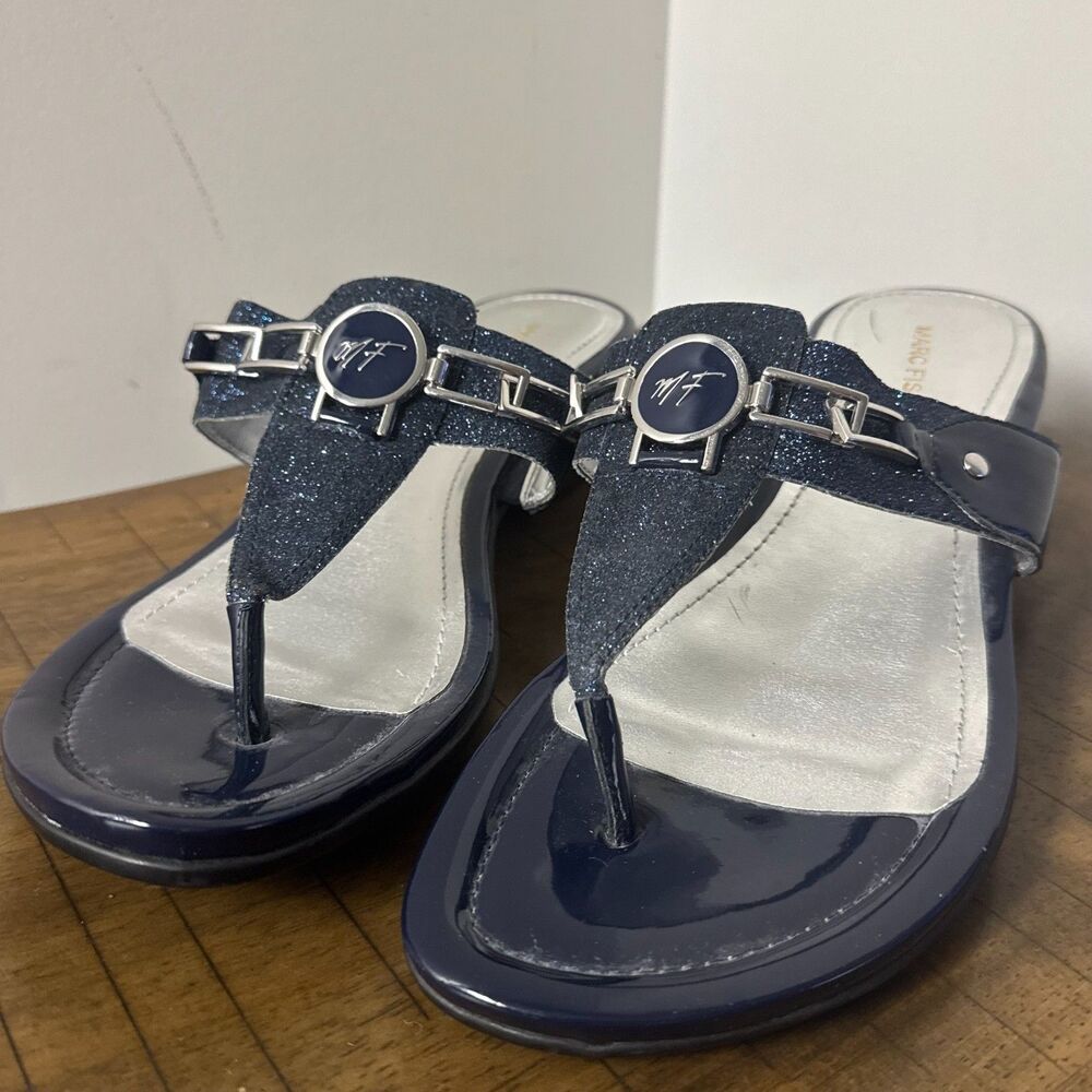 Marc Fisher Navy Blue Glitter Wedge Thong Sandals Womens Size 10 Summer